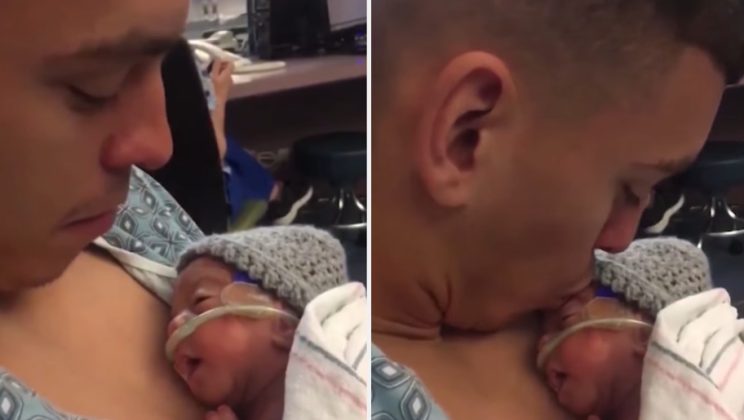 “Heartwarming Moment: Newborn’s Sweet Grin Melts Hearts After Dad’s Affectionate Kiss”